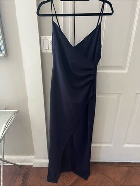 Elegant Navy Slip Maxi Dress with Draped Front